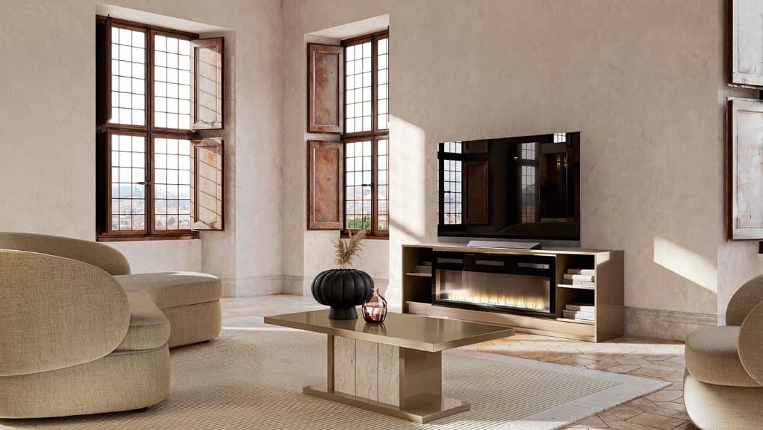 Sala ALF con mueble de TV y chimenea integrada
